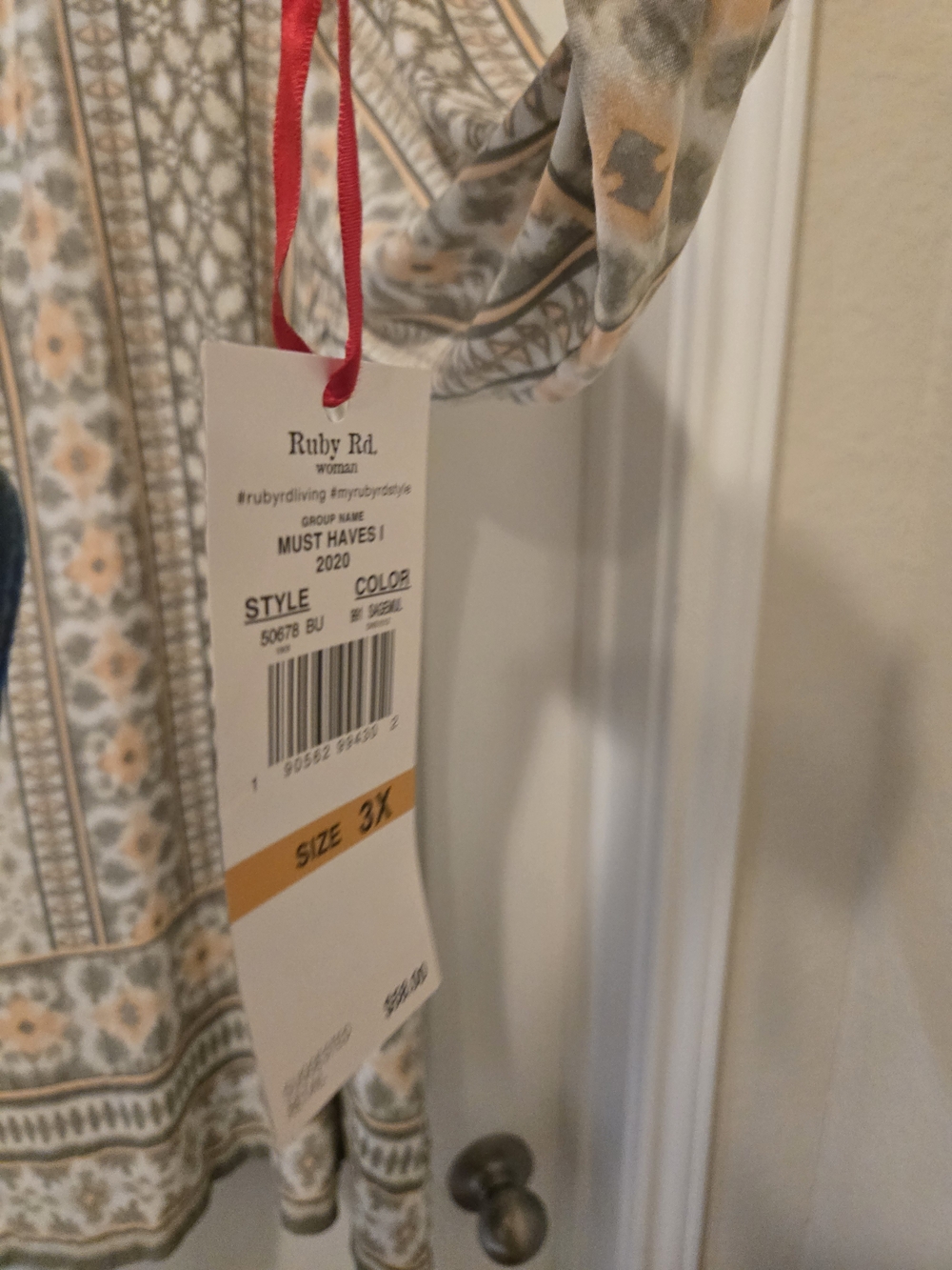 Ruby Rd. Cream, Olive & Peach Patterned Boho Blouse - Picture 5 of 9